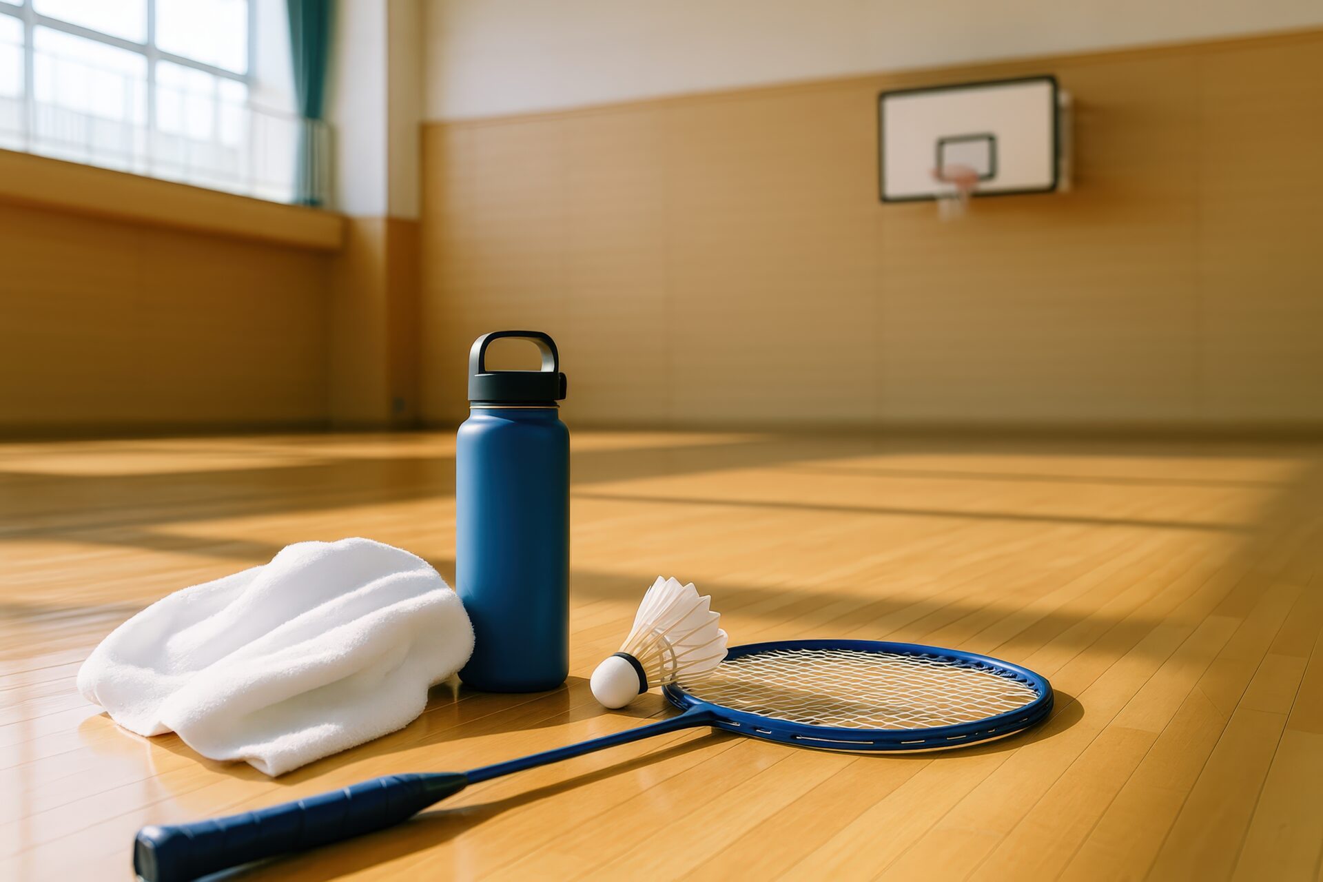 体育館に置かれたバドミントン用品一式