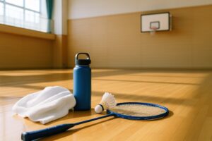 体育館に置かれたバドミントン用品一式