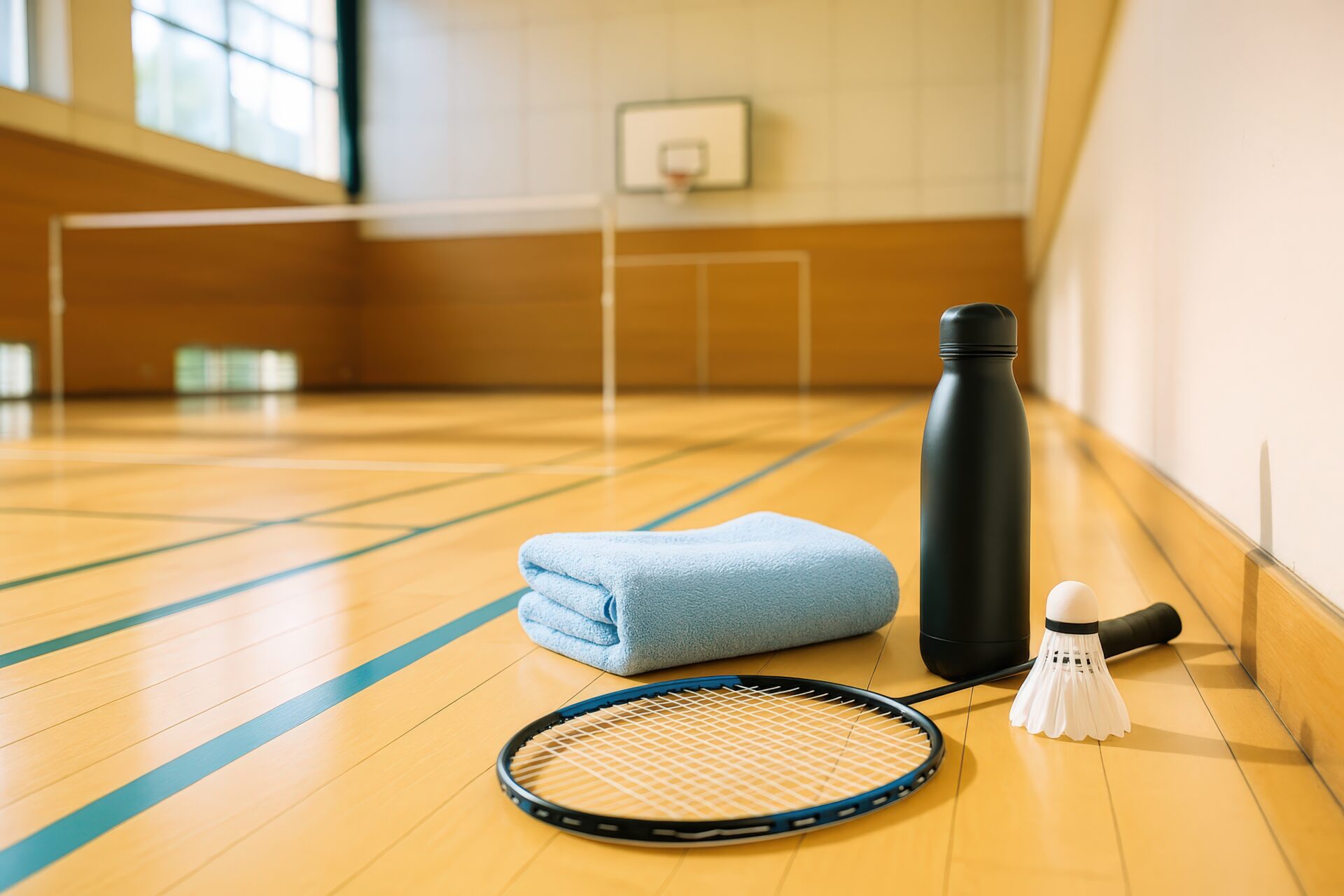 バドミントンラケットとシャトルと水筒とタオル