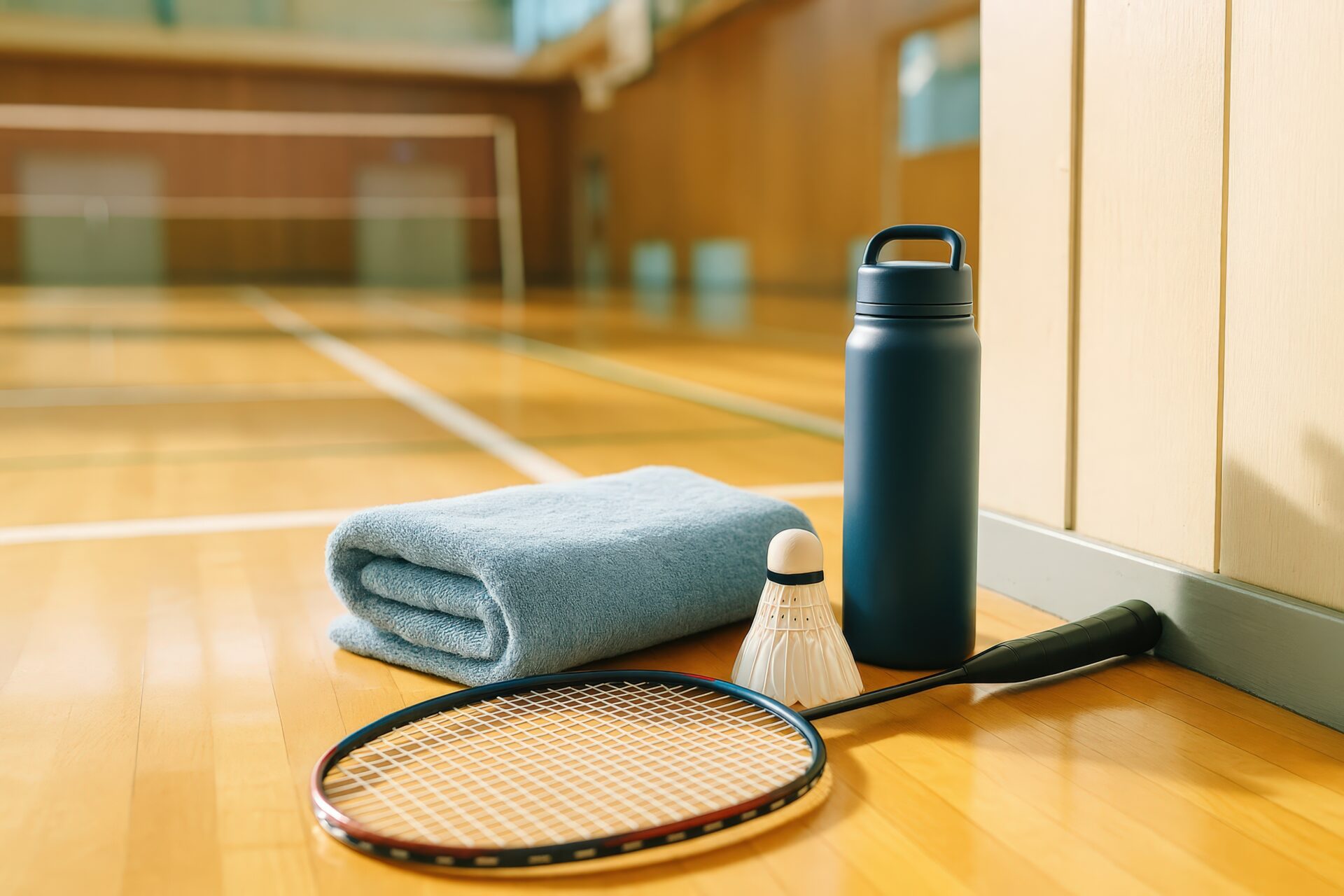 体育館の床に並べられたバドミントン用品