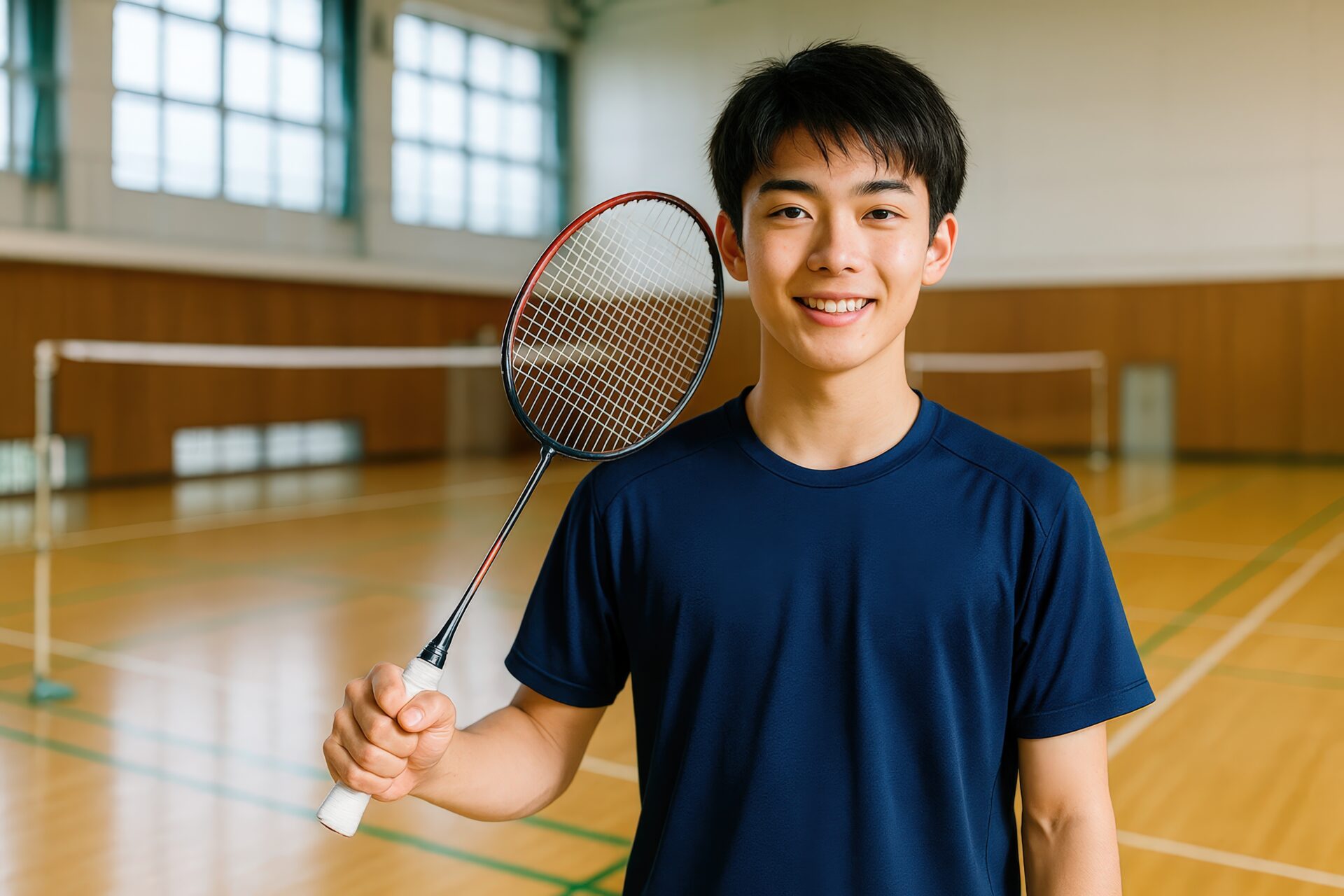 バドミントンラケットを肩に担ぐ笑顔の男子学生