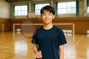 バドミントンラケットを手に笑顔を見せる男子学生