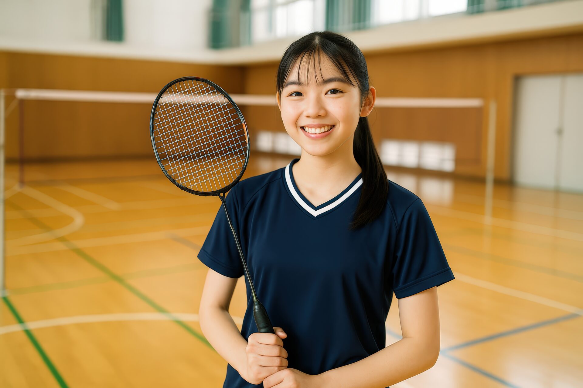 バドミントンラケットを手に笑顔の女子学生