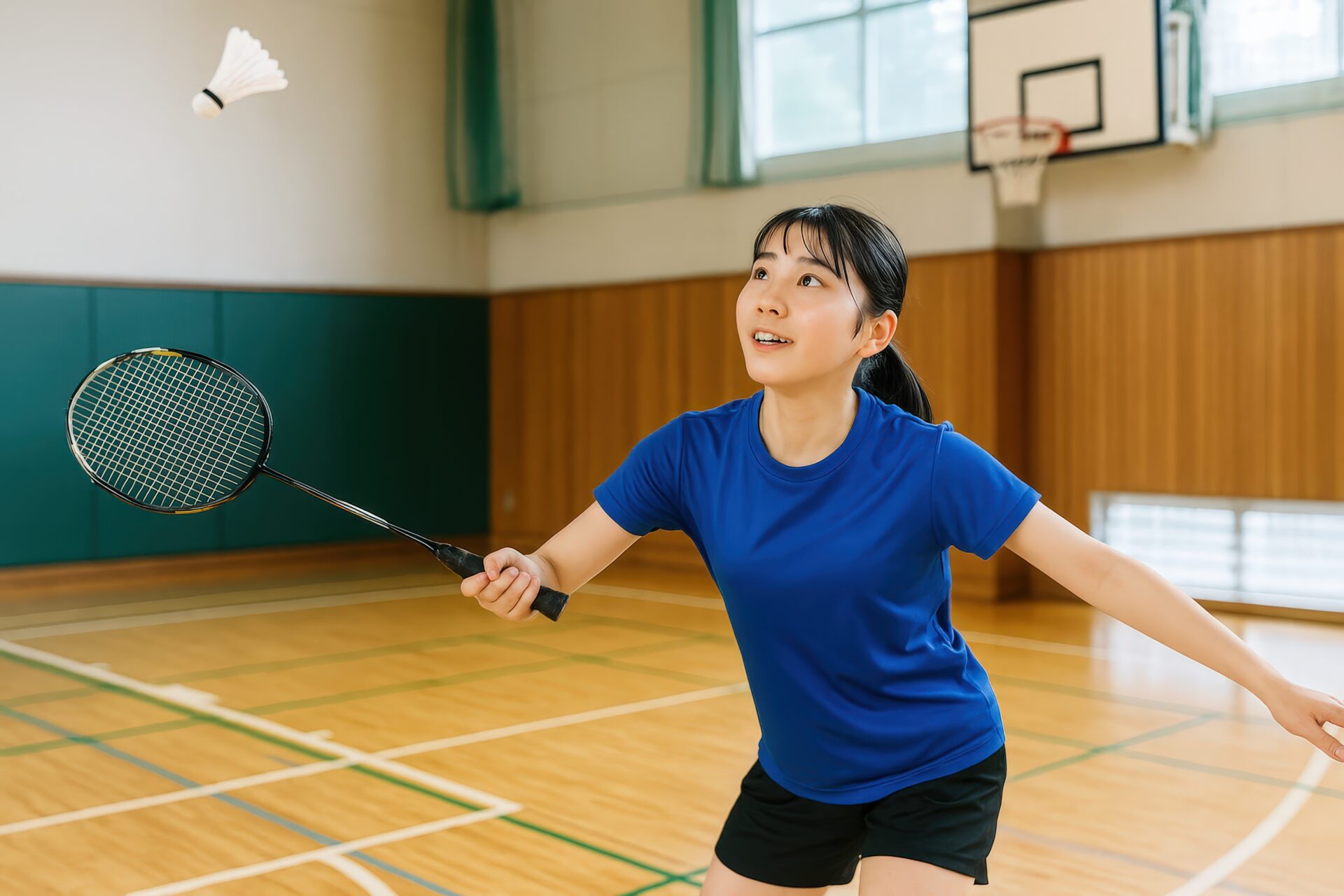 シャトルを見つめてバドミントンの構えをする女子学生