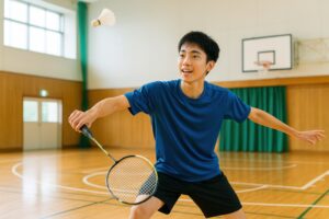 バドミントンの試合中に構えを取る男子学生