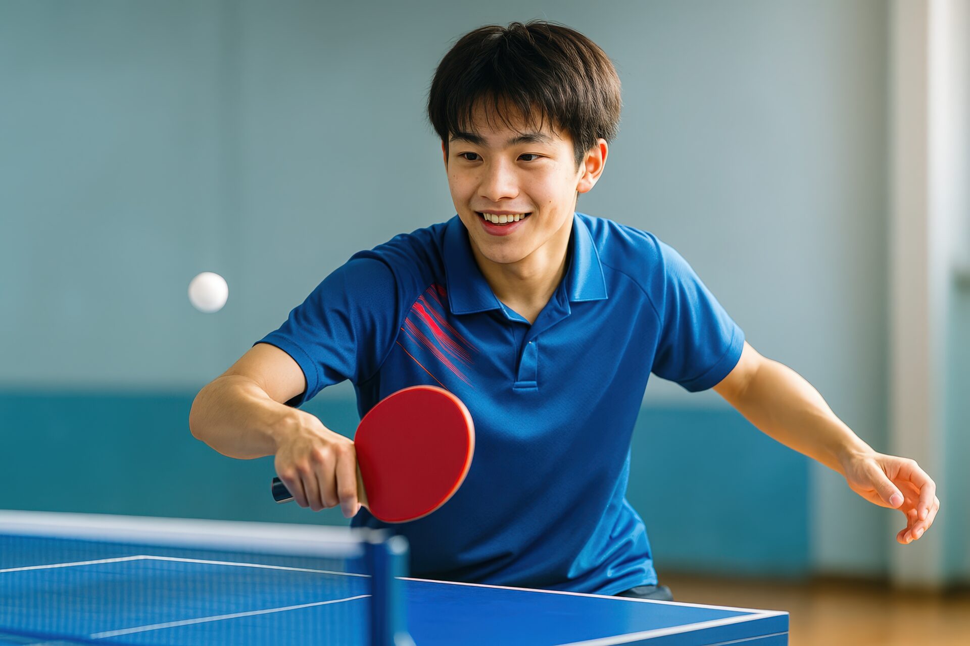 卓球のラリーを楽しむ笑顔の男子学生