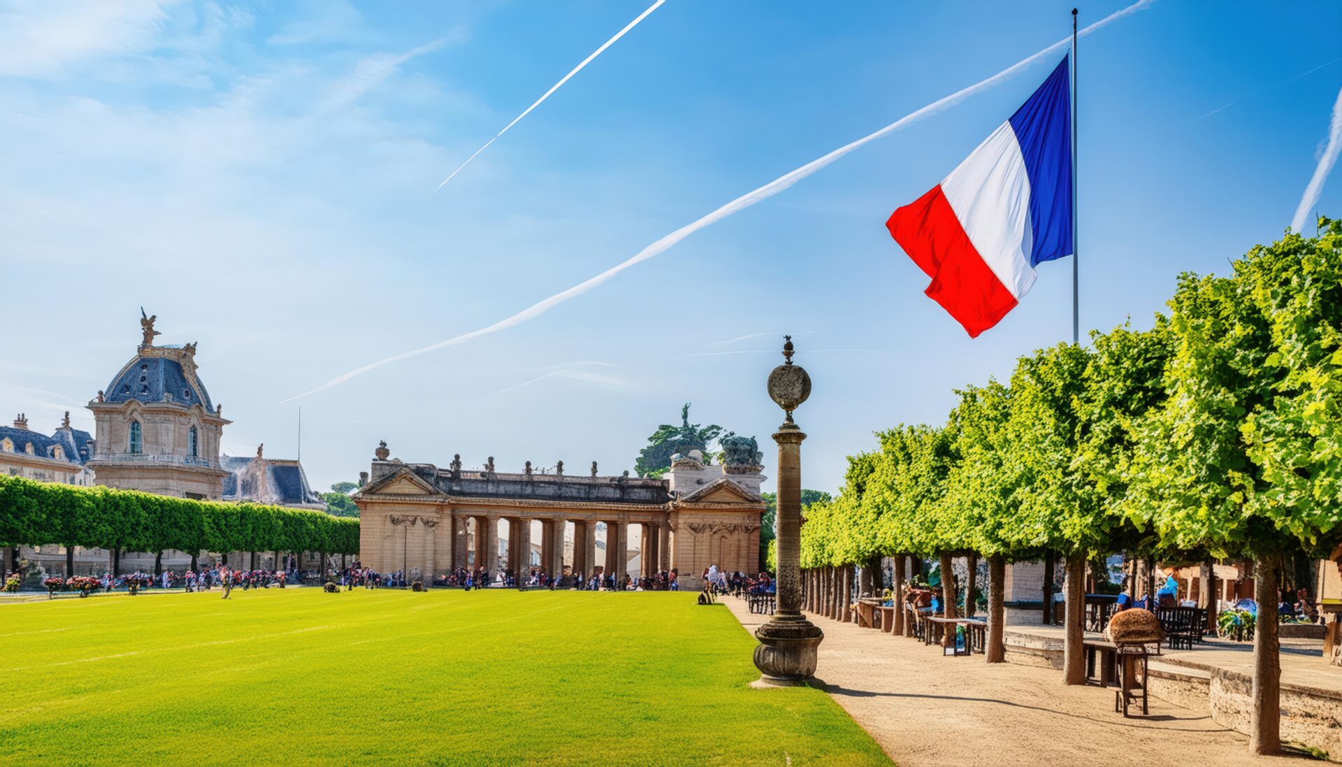 フランス国旗と庭園の歴史的建造物