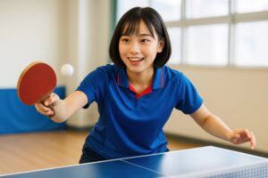 卓球ラケットを構える笑顔の女子学生