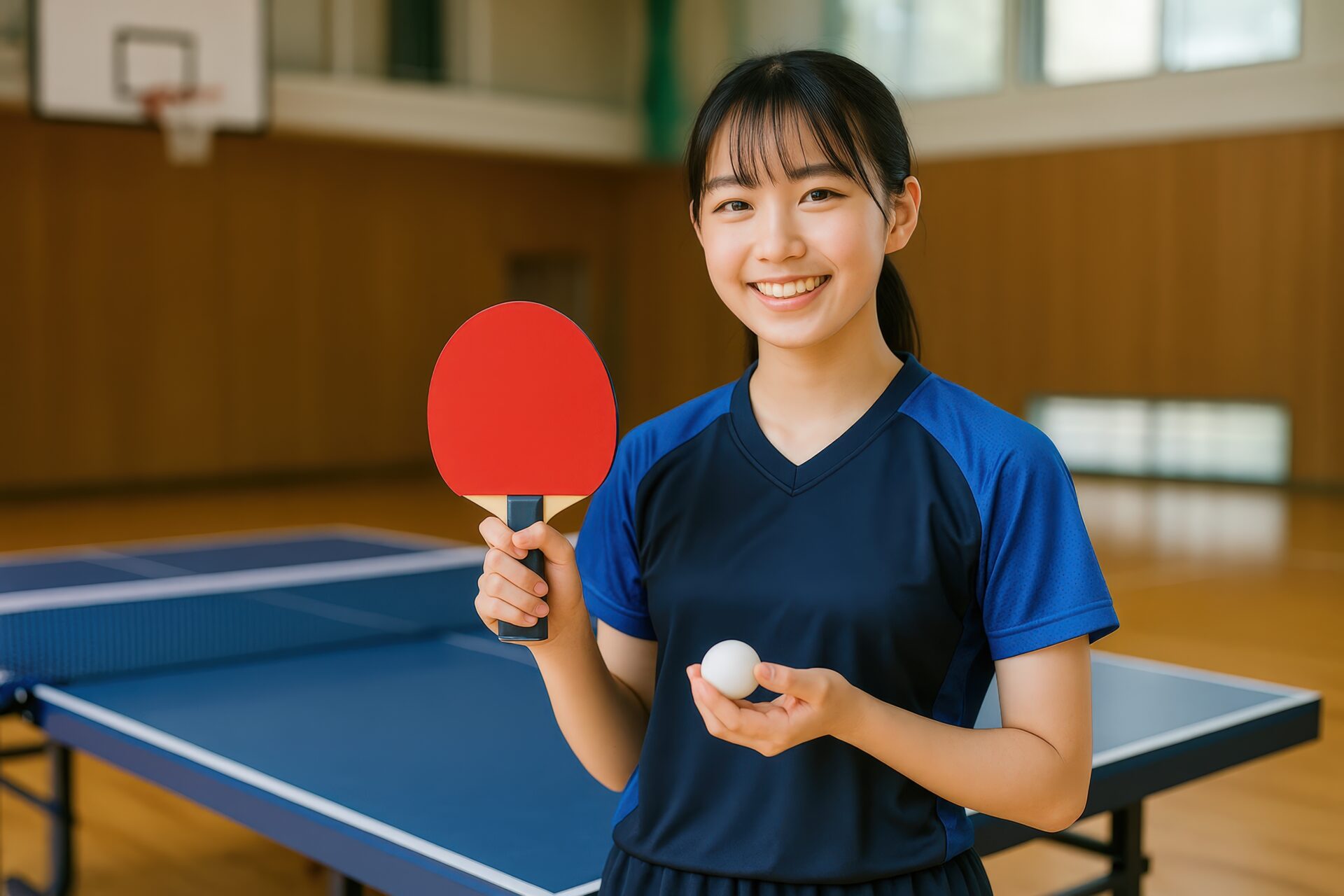 卓球ラケットとボールを手に持つ笑顔の女子学生