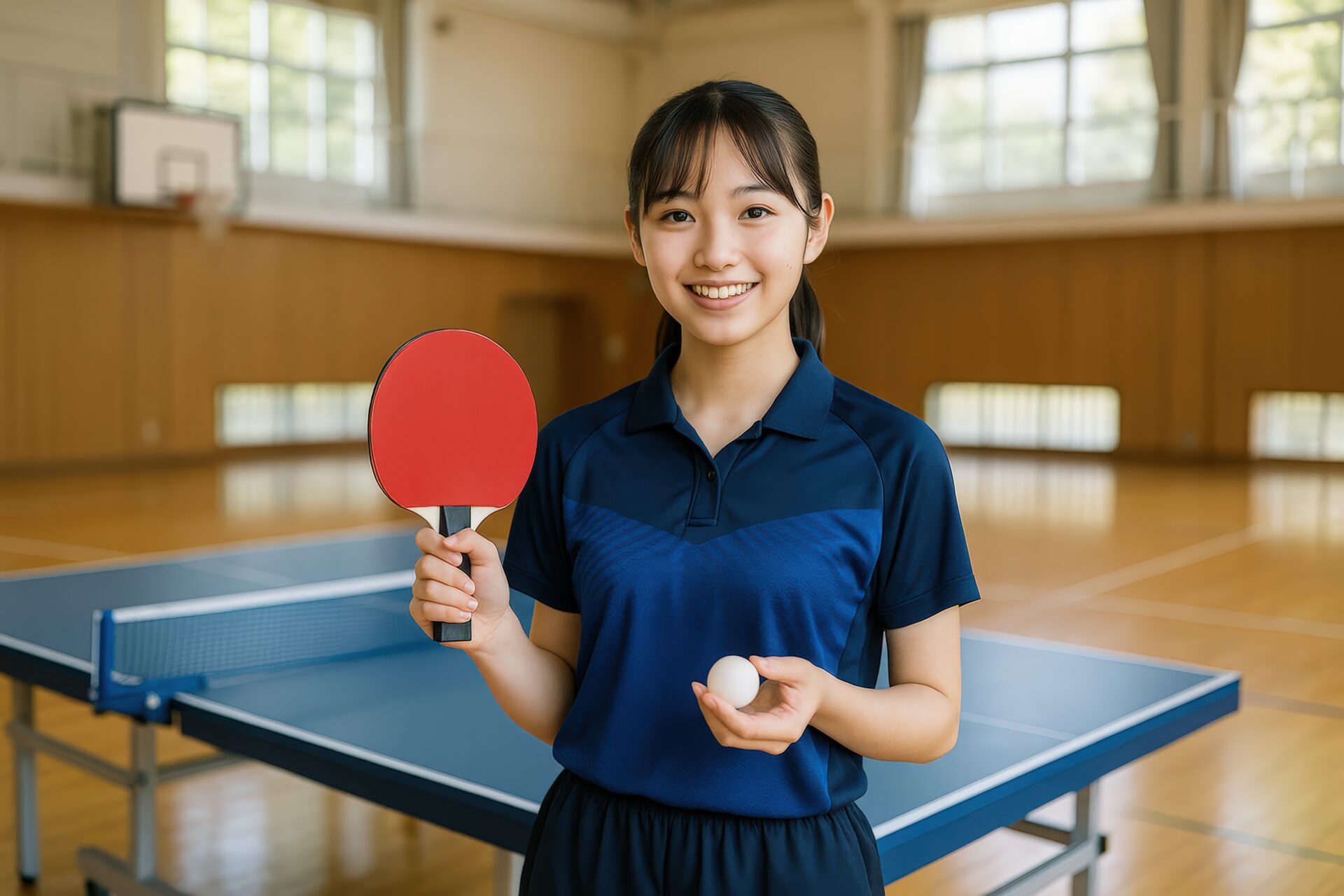 卓球台の前でラケットとボールを持つ女子学生