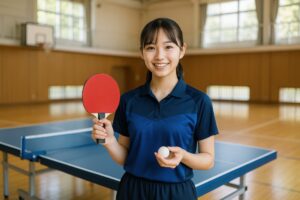 卓球台の前でラケットとボールを持つ女子学生