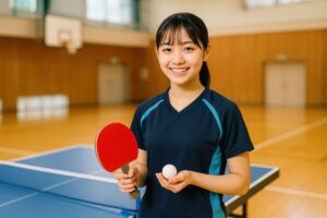 卓球のラケットとボールを持って笑顔を見せる女子学生