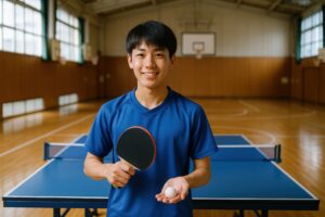 卓球台の前でラケットとボールを持つ男子学生