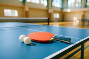 卓球ラケットとボールが置かれた体育館の卓球台