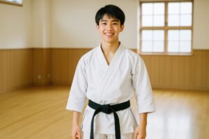 道着姿で微笑む空手の黒帯の少年