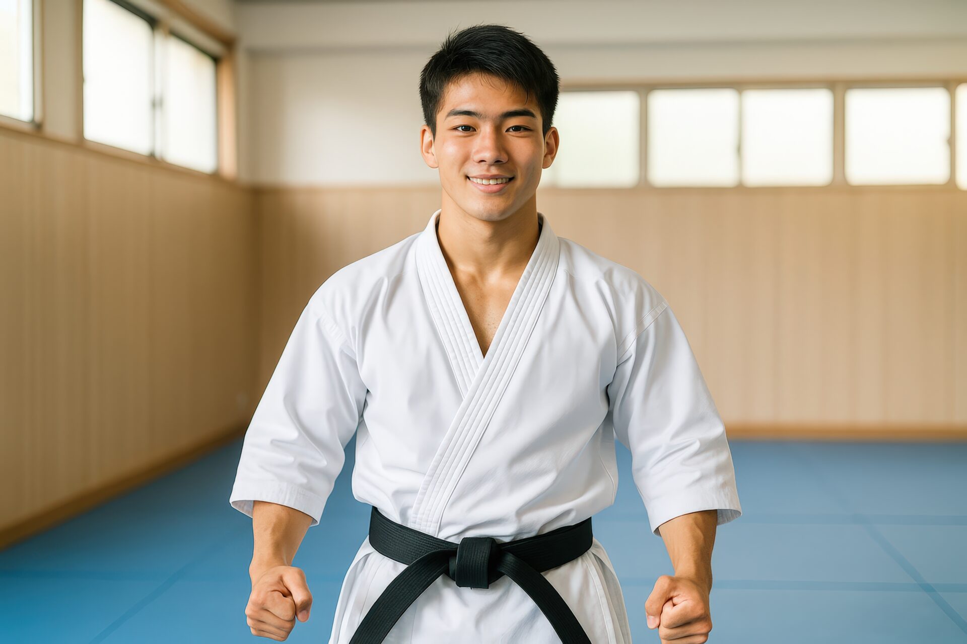 道着姿で拳を握る空手の黒帯の若い男性