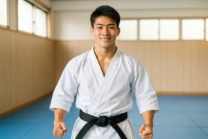 道着姿で拳を握る空手の黒帯の若い男性