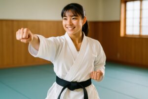 空手の黒帯を締めて突きを決める笑顔の若い女性