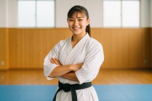 道着姿で腕を組む空手の黒帯の若い女性