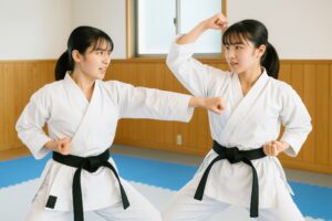 空手の稽古で向かい合う二人の若い女性