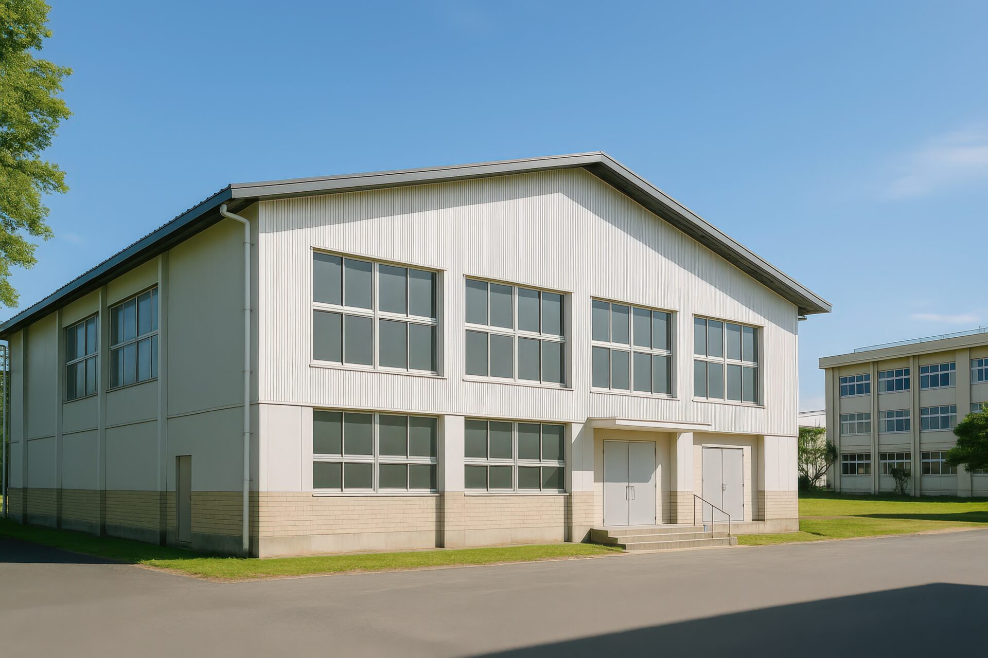 青空の下に建つ学校の武道館の外観
