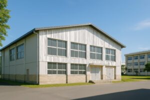 青空の下に建つ学校の武道館の外観