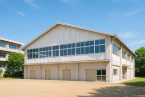 校庭に面した学校の武道館の外観