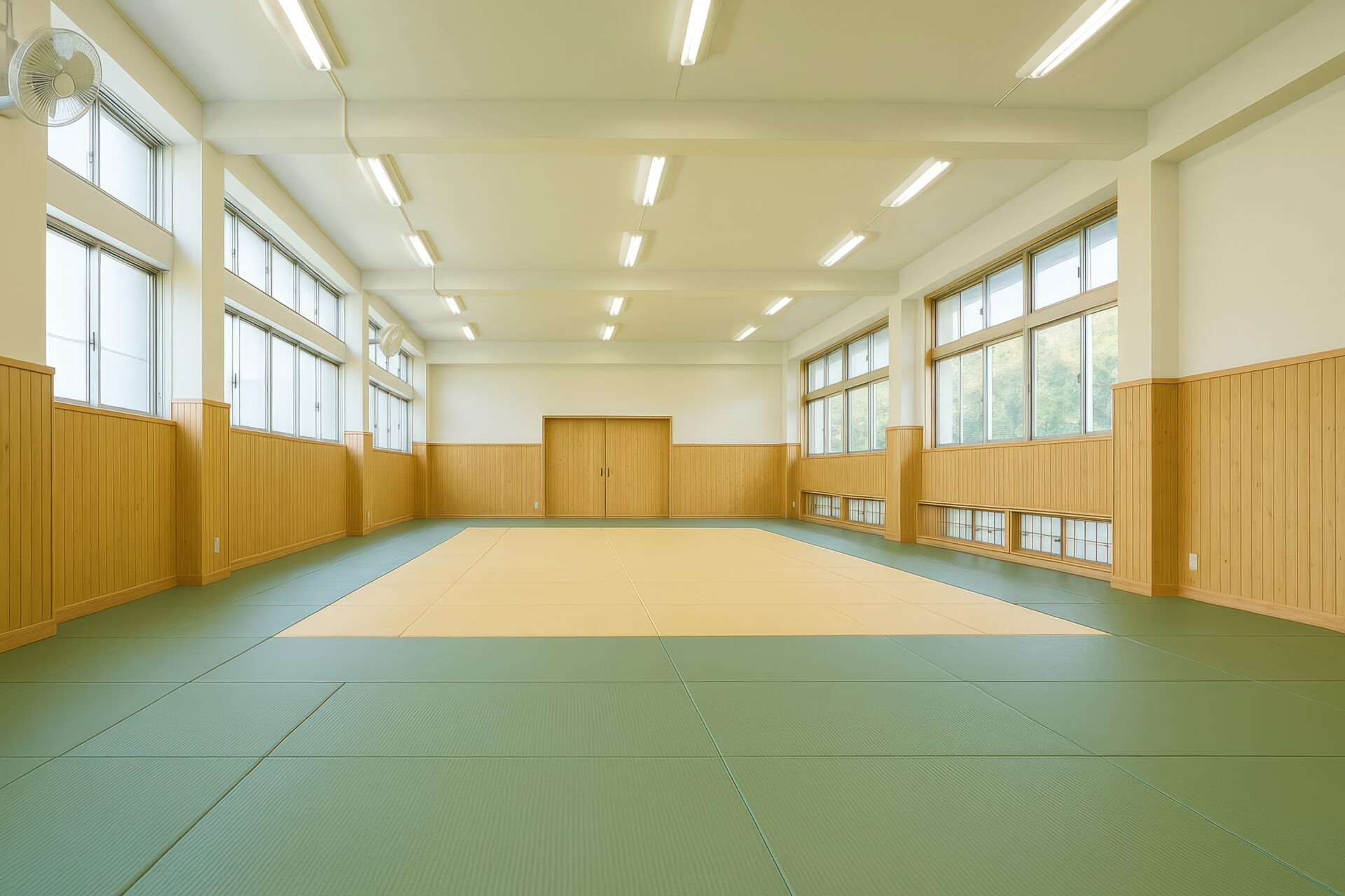 窓から光が差し込む柔道場の内観