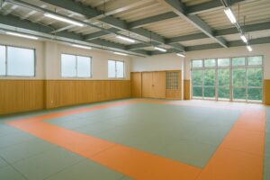 緑に囲まれた明るい柔道場の内観