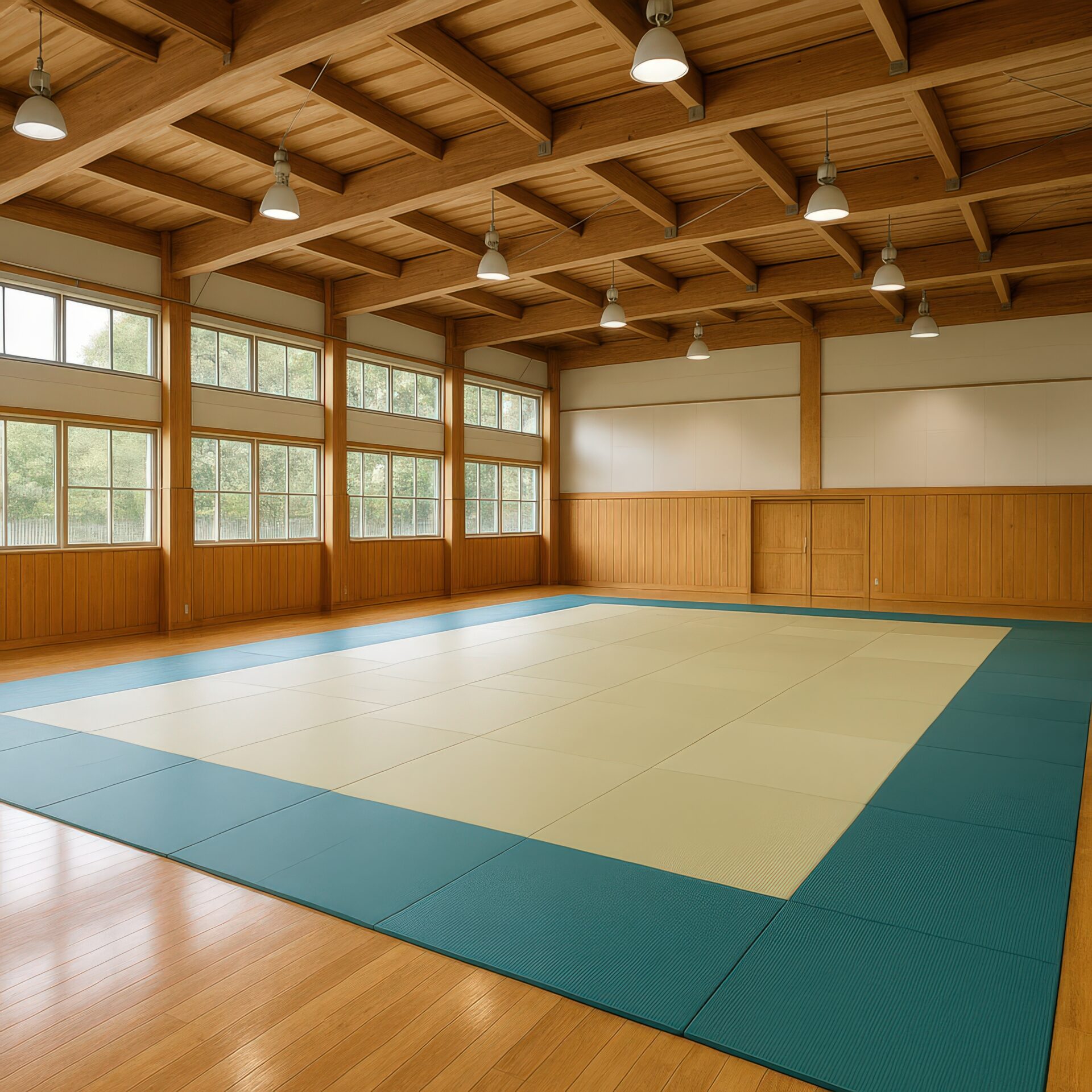 木の梁と畳が特徴的な伝統的な柔道場の内観