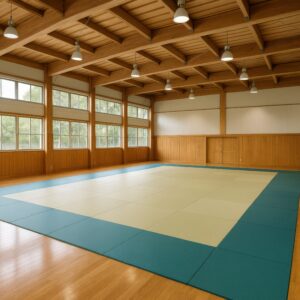 木の梁と畳が特徴的な伝統的な柔道場の内観