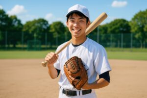 バットとグローブを持ち微笑む高校野球の男子選手