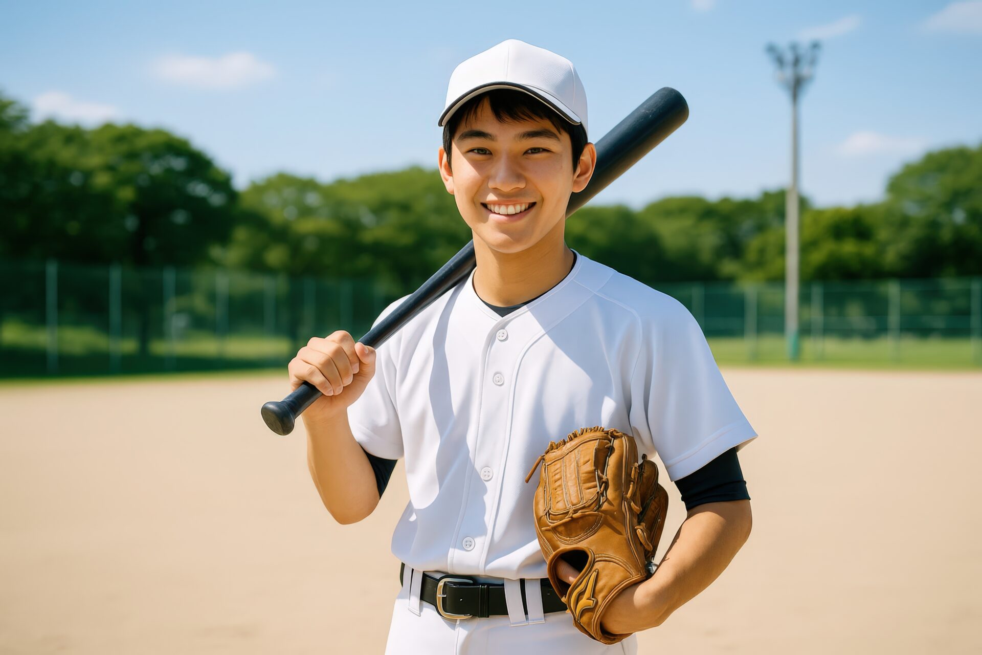 ボールとグローブを持ち笑顔を見せる高校野球の男子選手