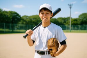 ボールとグローブを持ち笑顔を見せる高校野球の男子選手