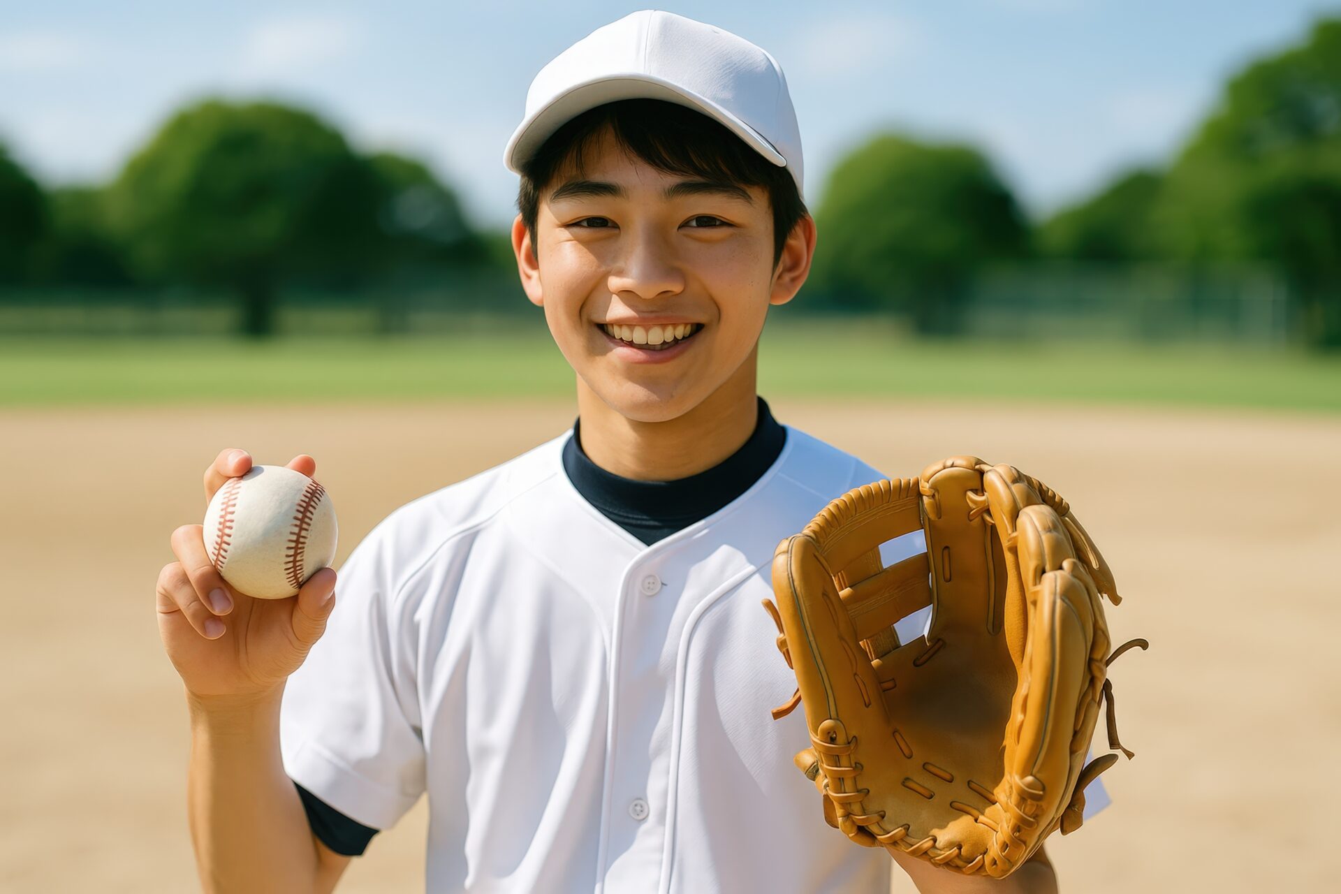 ユニフォーム姿でボールとグローブを持つ高校野球の男子選手