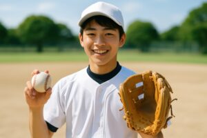 ユニフォーム姿でボールとグローブを持つ高校野球の男子選手