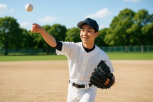 笑顔でボールを投げる高校野球の男子選手