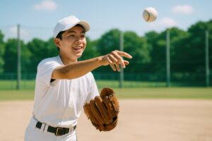 真剣な表情でボールを投げる高校野球の男子選手