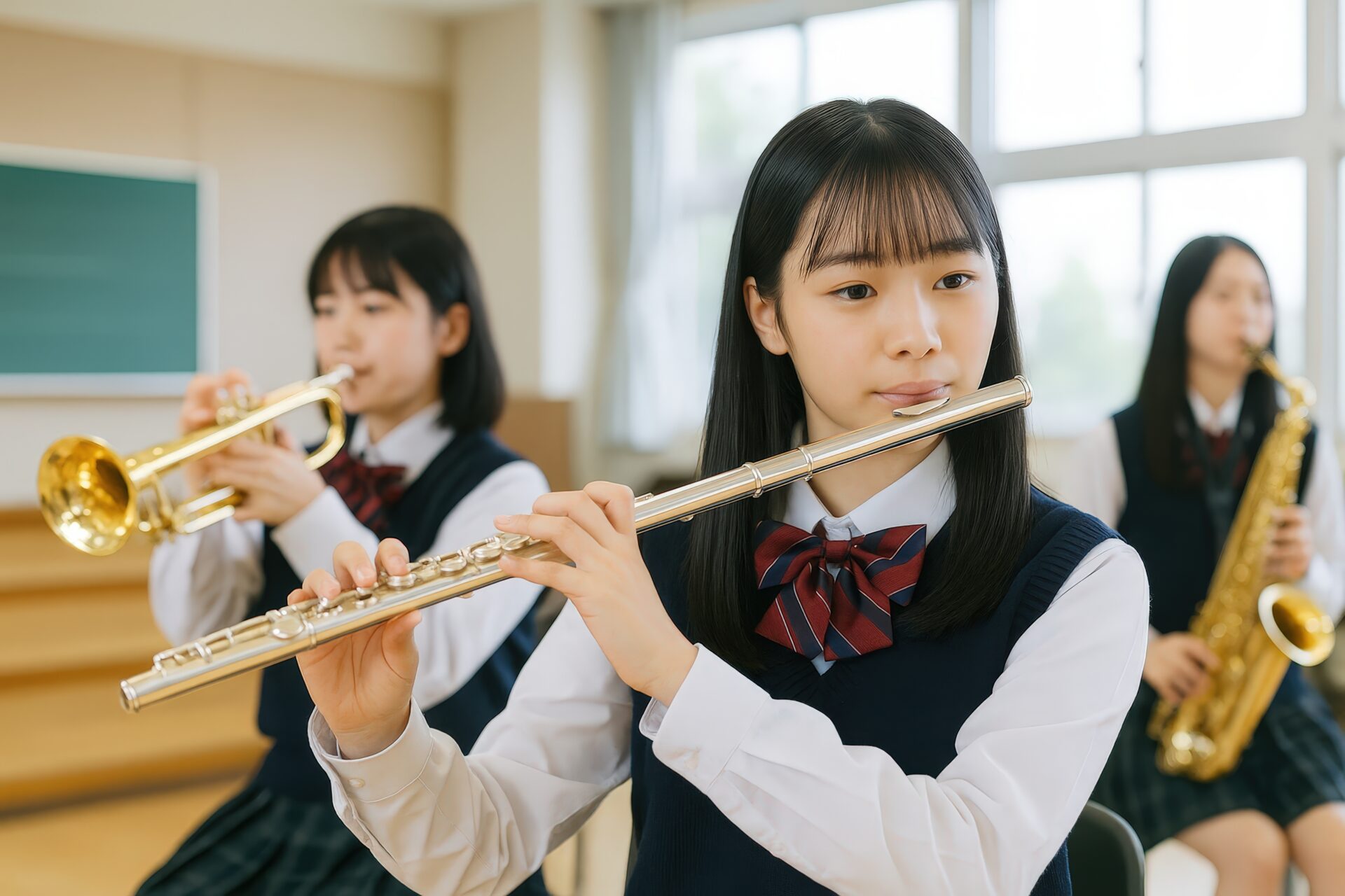 フルートを演奏する女子学生と吹奏楽の仲間たち