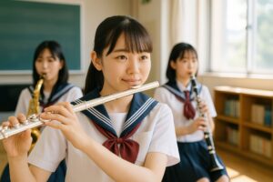 教室でフルートを演奏するセーラー服の女子学生たち