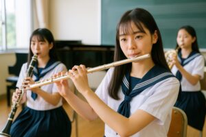 真剣な表情でフルートを吹く女子学生と仲間たち