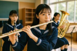教室でフルートを吹く女子学生とクラリネット・チューバ奏者たち