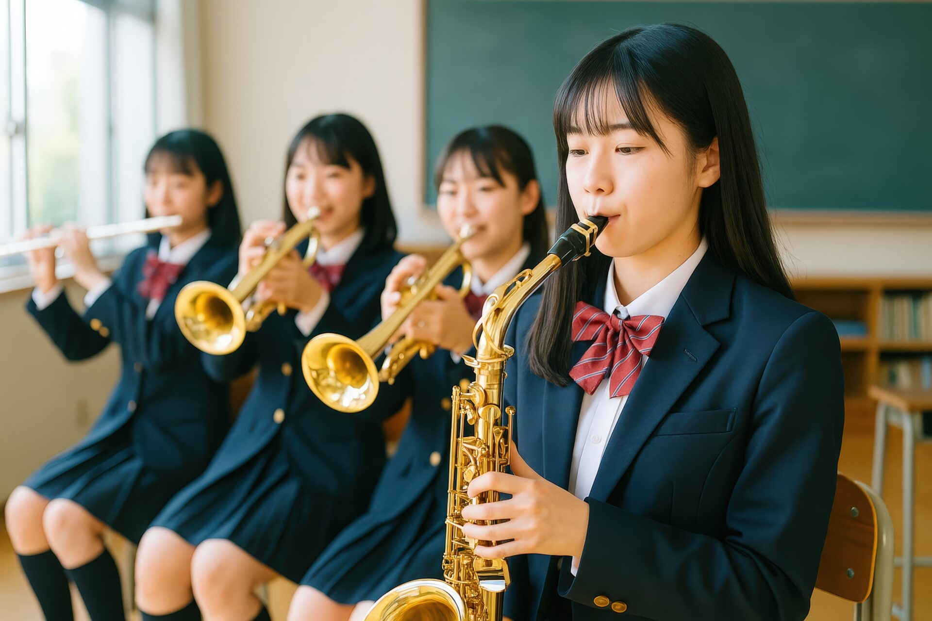 サックスを演奏するブレザー姿の女子学生と吹奏楽部の仲間たち