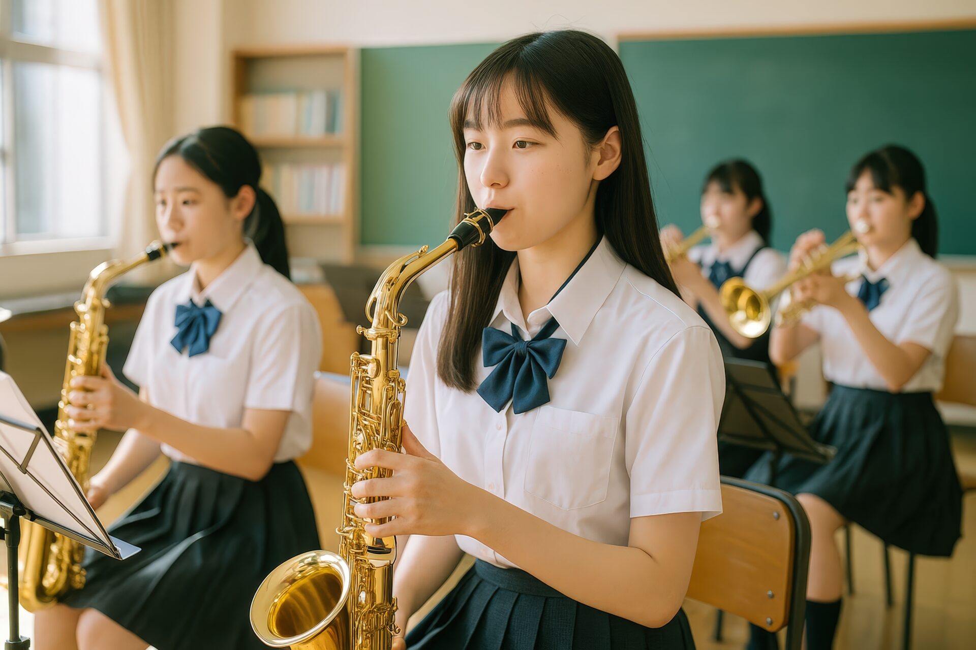 サックスを演奏する夏服姿の女子学生と吹奏楽部の仲間たち