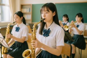 サックスを演奏する夏服姿の女子学生と吹奏楽部の仲間たち
