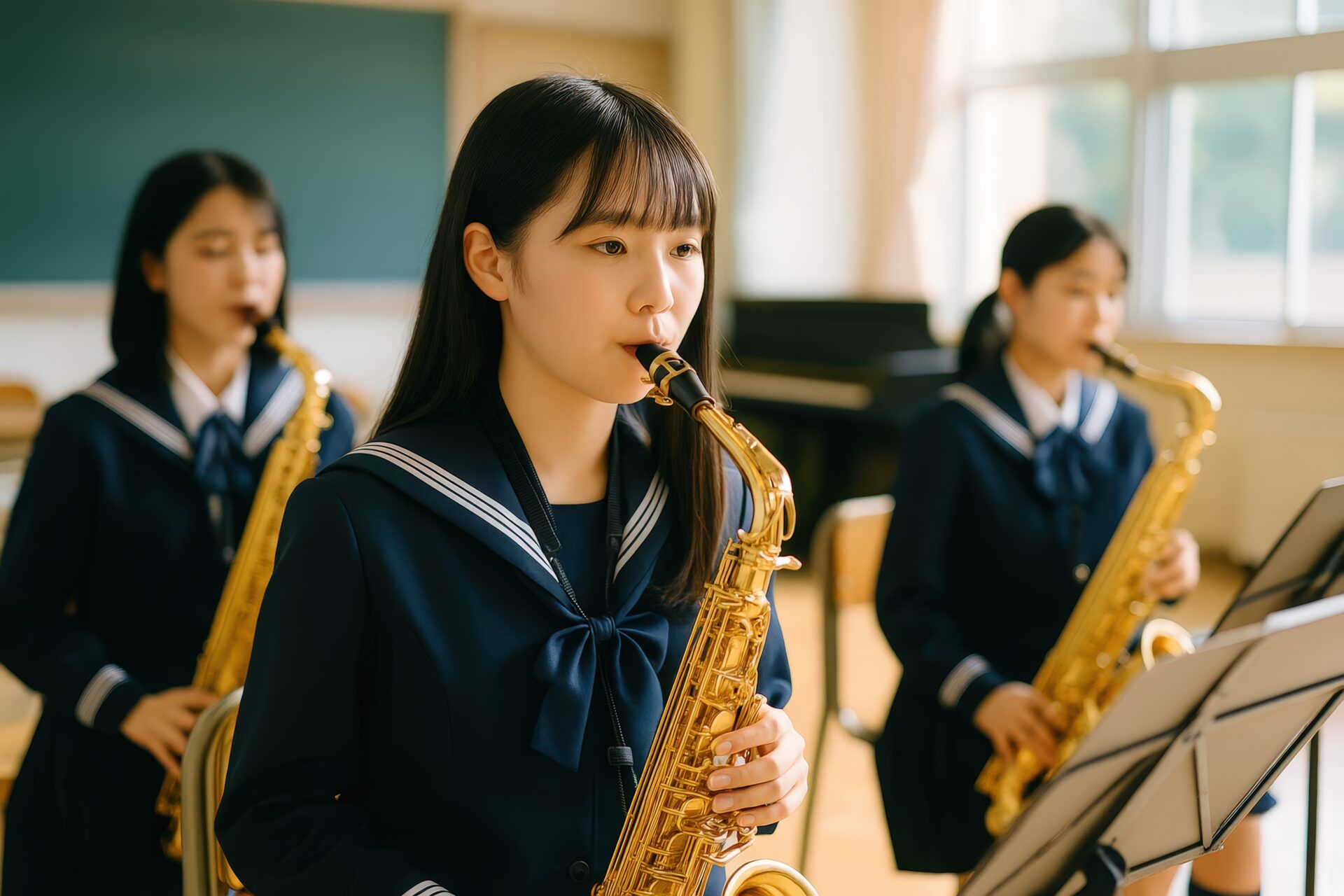 サックスを真剣に演奏する女子学生と吹奏楽部の仲間たち
