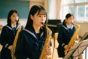 サックスを真剣に演奏する女子学生と吹奏楽部の仲間たち