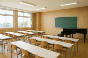 グランドピアノのある明るい音楽教室の内観