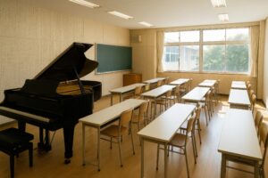 窓から光が差し込むグランドピアノのある音楽教室