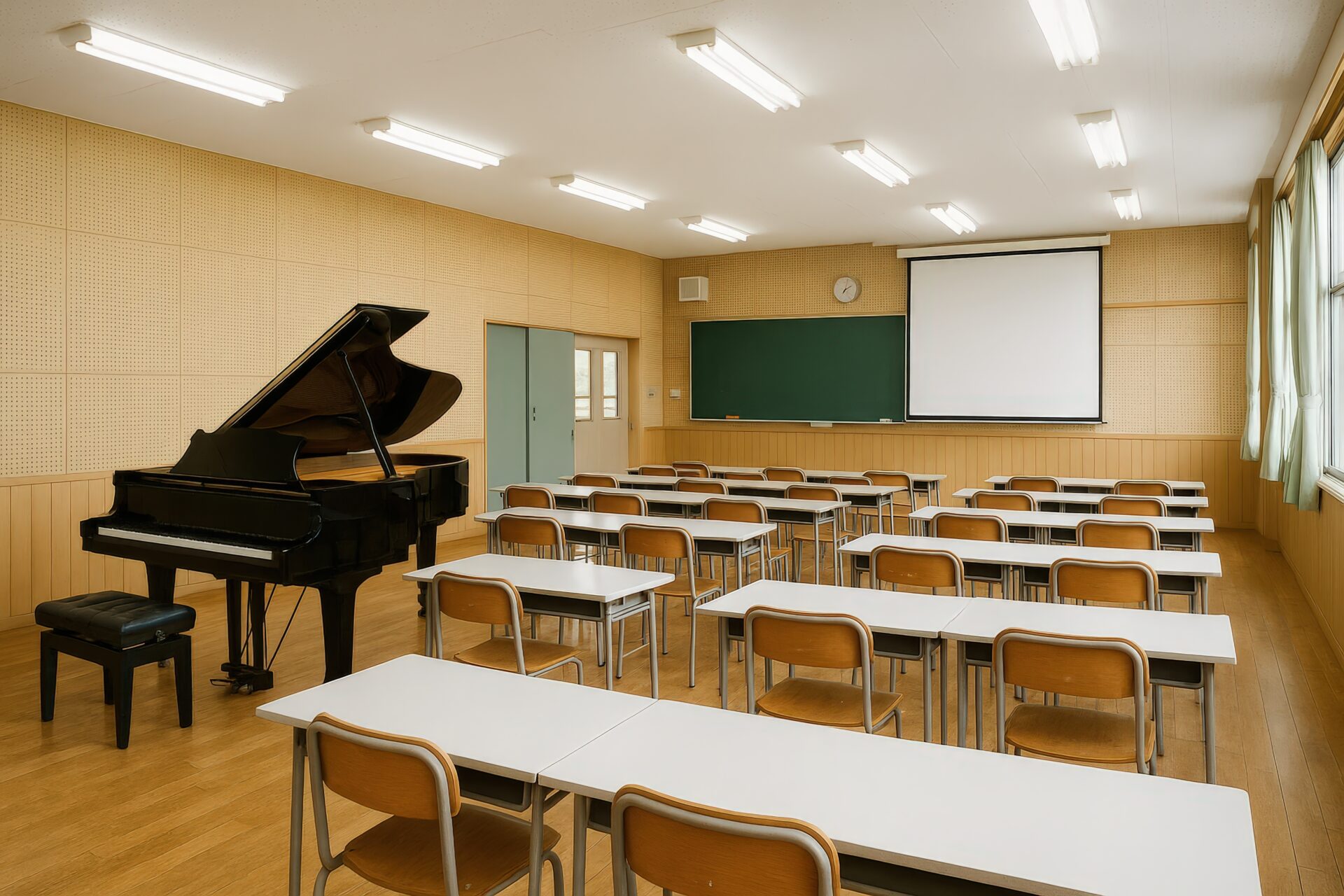 スクリーンとグランドピアノがある学校の音楽室